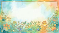 Colorful watercolor border with paw prints and floral ornaments in rainbow gradient, isolated on white background for pet-related designs, greeting cards, and animal-themed projects.