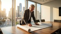 Middle-aged Caucasian male architect or engineer in business attire reviewing blueprints at modern office desk with city skyline view through floor-to-ceiling windows during golden hour.