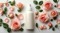 White cosmetic bottle mockup surrounded by delicate pink roses and scattered petals on light background, flat lay composition for beauty product presentation.