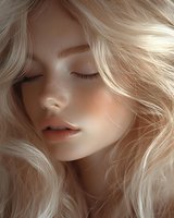 Close up portrait of young blonde woman with closed eyes and natural makeup, soft dreamy expression, flowing platinum hair catching light.