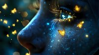 Magical close-up of face with glowing golden butterflies and blue sparkles against dark background, featuring ethereal skin texture and mystical atmosphere.