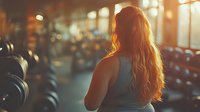Young woman with long red hair in gray tank top working out at gym during sunset hours, view from behind with blurred fitness equipment and warm lighting atmosphere.