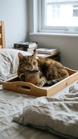 Tabby cat resting in wooden tray on bed with coffee mug, books, and window light. Cozy bedroom scene for home decor, pet lifestyle, and interior design projects.