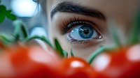 Close-up of blue eye behind fresh red tomatoes with green leaves, organic farming and healthy eating concept for wellness and nutrition campaigns.