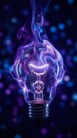 Glowing light bulb with purple electric energy flames and lightning effects on dark blue bokeh background for creative innovation concepts.
