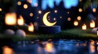 Magical crescent moon and stars decoration on dark pedestal with bokeh lights and water reflection creating enchanting night atmosphere.