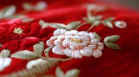 Delicate floral embroidery pattern on red fabric with pink and white flowers, green leaves, and intricate stitching details creating elegant oriental textile design.