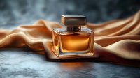 Elegant fragrance bottle with amber liquid on marble surface against flowing golden silk fabric, dramatic lighting creates luxurious mood for cosmetic advertising.
