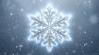 Crystal clear snowflake with intricate geometric patterns glowing against soft blue winter background with falling snow for holiday decorations.