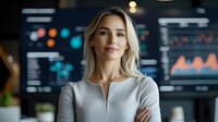 Young blonde businesswoman in white blouse standing with crossed arms against dark office background with financial charts and data visualization screens.