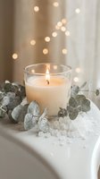 Burning candle in glass holder with eucalyptus leaves and sea salt crystals on white tray, warm bokeh lights creating cozy spa atmosphere for relaxation.