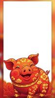Cute cartoon pig with golden floral patterns on red gradient background frame template for Chinese New Year celebration and festive greeting cards.