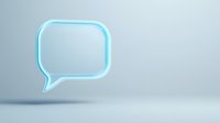 Glowing cyan speech bubble with neon outline floating on gray background for communication design and messaging concepts.