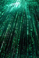 Abstract green digital data streams with glowing particles creating futuristic technology background for cybersecurity and AI concepts.