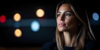 Young businesswoman with confident expression against dark background with blurred bokeh lights, side profile portrait in dramatic lighting.