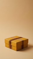 Wrapped golden gift box with brown leather straps on neutral beige background, suitable for holiday, celebration, and packaging design projects.
