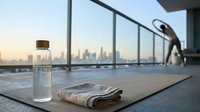 Urban fitness routine with water bottle and newspaper on yoga mat in modern high-rise apartment overlooking city skyline at sunrise, suitable for wellness and lifestyle content.