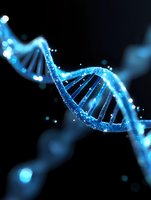 Glowing blue DNA helix structure with particles and bokeh effects on black background, scientific molecular genetics concept for medical research.