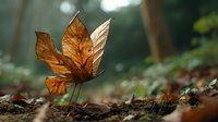 Dried autumn leaf standing upright on forest floor, resembling butterfly wings with golden-brown hues in soft natural light.