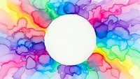 Vibrant rainbow watercolor background with white circle frame for text or logo placement. Colorful abstract paint splashes in spectrum hues for creative designs.