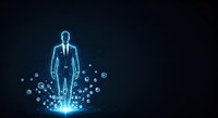 Glowing neon businessman silhouette surrounded by digital technology icons and data symbols on dark background for corporate innovation and digital transformation concepts.