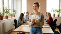 Woman holding greeting card in office with colleagues working at desks behind her, bright windows with plants, casual workplace environment for business communications and teamwork concepts.