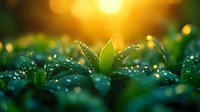 Fresh green leaves covered in morning dew drops glisten in golden sunrise light against blurred natural bokeh background, creating magical garden atmosphere.