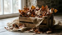 Rustic wooden crate filled with colorful autumn leaves on burlap fabric near window, seasonal home decor and fall harvest display concept.