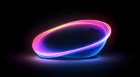 Glowing neon light ring with pink and blue gradient effect floating on dark background, abstract modern design element with luminous trail.