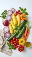 Fresh organic vegetables arranged on white background including zucchini, bell peppers, tomatoes, carrots, red onion and herbs for healthy cooking and meal prep.