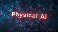 Glowing neon text Physical AI against dark background with connected nodes and particles forming neural network pattern in blue and red colors. Modern tech concept.
