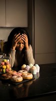 Young African American woman feeling overwhelmed by sweet temptations in modern kitchen, struggling with diet choices and healthy eating habits.