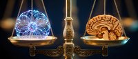 Digital brain and human brain on golden scales representing artificial intelligence versus human intelligence balance in technology and neuroscience.