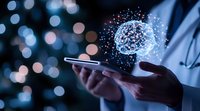 Medical professional holding smartphone with glowing artificial intelligence brain hologram projection, surrounded by bokeh lights in dark blue environment.
