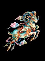 Ornamental ram with curved horns and decorative swirls in turquoise, orange, and pink tones, isolated on transparent background, ready for t-shirt design, stickers, and print-on-demand products.
