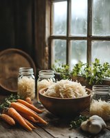 Fresh sauerkraut in wooden bowl with raw carrots and glass jars for fermentation on rustic table near window. Moody natural lighting creates cozy atmosphere.