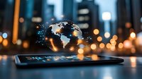 Digital globe hologram floating above smartphone screen with glowing network connections in modern city at night for global business technology concepts.