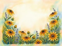 Watercolor wildflower border with yellow daisies and lavender on textured paper background for greeting cards, invitations and botanical designs.