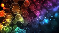 Abstract hexagonal pattern with vibrant rainbow colors and bokeh lights creating modern digital background for technology presentations and creative designs.