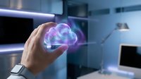 Hand holding glowing holographic brain with neural networks in modern office environment representing artificial intelligence and cognitive technology.