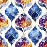 Moroccan ogee pattern in watercolor style with blue, purple, and orange tones creates seamless repeat. White curved lines form traditional arabesque motif. Decorative design.