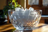 Crystal glass bowl filled with white sugar cubes and illuminated by natural sunlight on wooden table, showcasing diamond cut pattern and elegant design.