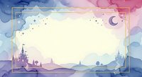 Watercolor fairy tale landscape frame with castles, mountains and starry sky in purple and pink tones for fantasy design projects.