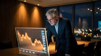 Senior businessman analyzing financial growth charts on laptop in modern office during evening hours with city lights background.