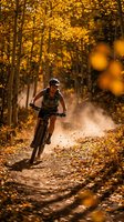 Young male cyclist riding mountain bike through golden autumn forest trail with falling leaves and warm sunlight creating dynamic outdoor adventure scene.