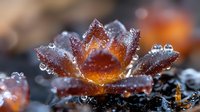 Frozen autumn leaf covered in morning dew drops with bokeh background creates magical natural macro photography composition in brown and orange tones.