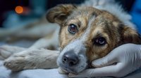 Sick dog at veterinary clinic with caring hand in glove gently touching muzzle, close-up portrait showing sad eyes and worried expression.