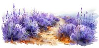 Watercolor lavender field border with purple flowers and golden ground, artistic botanical composition in soft violet and amber hues for nature design projects.