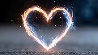 Glowing heart shape made of light trails and sparks floating above textured surface against dark starry background for romantic designs and love concepts.