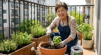 Mature Asian woman gardening on urban balcony, planting herbs in terracotta pots surrounded by green plants, wearing apron and smiling at camera outdoors.